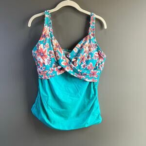 Lands’ End Teal Blue & Coral Tropical Floral Underwire Tankini Swim Top Size 14